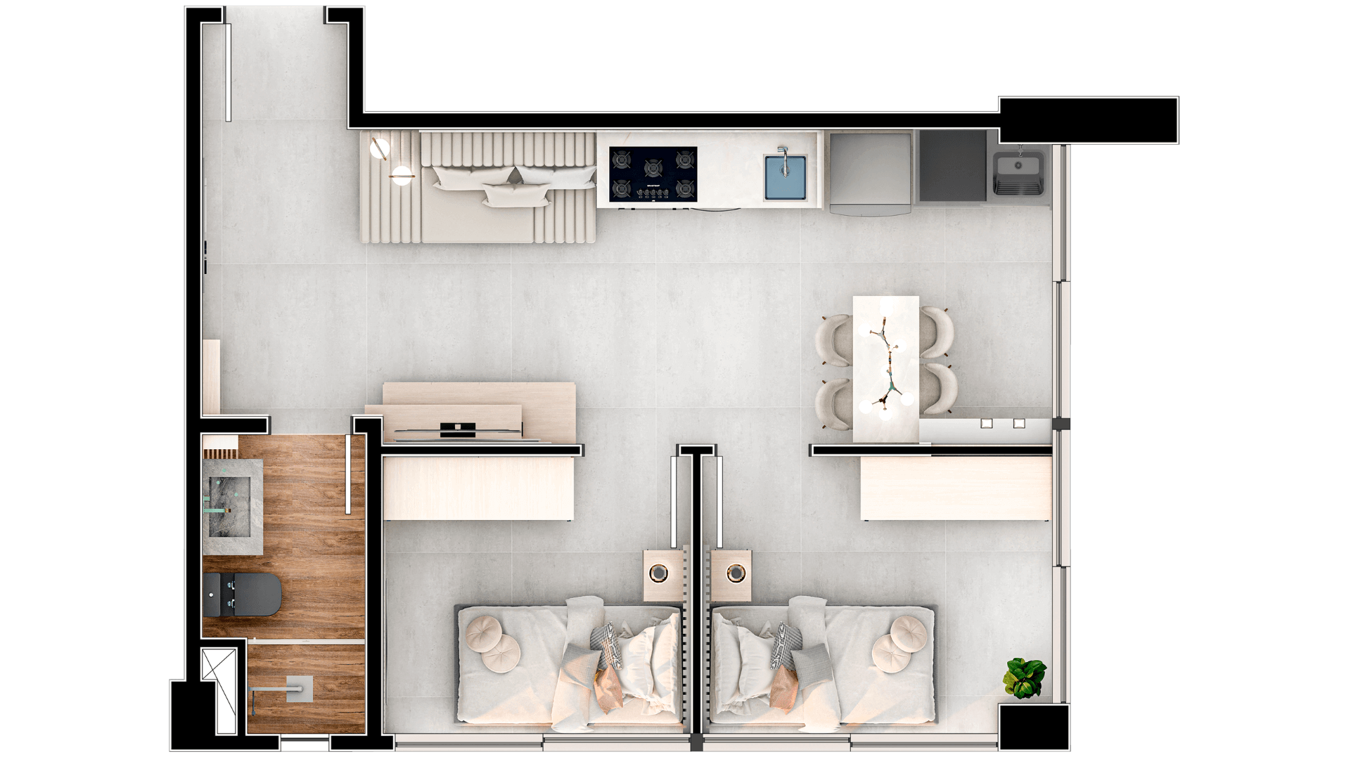 Apto tipo 2 camas c/ 39 M² de área privativa